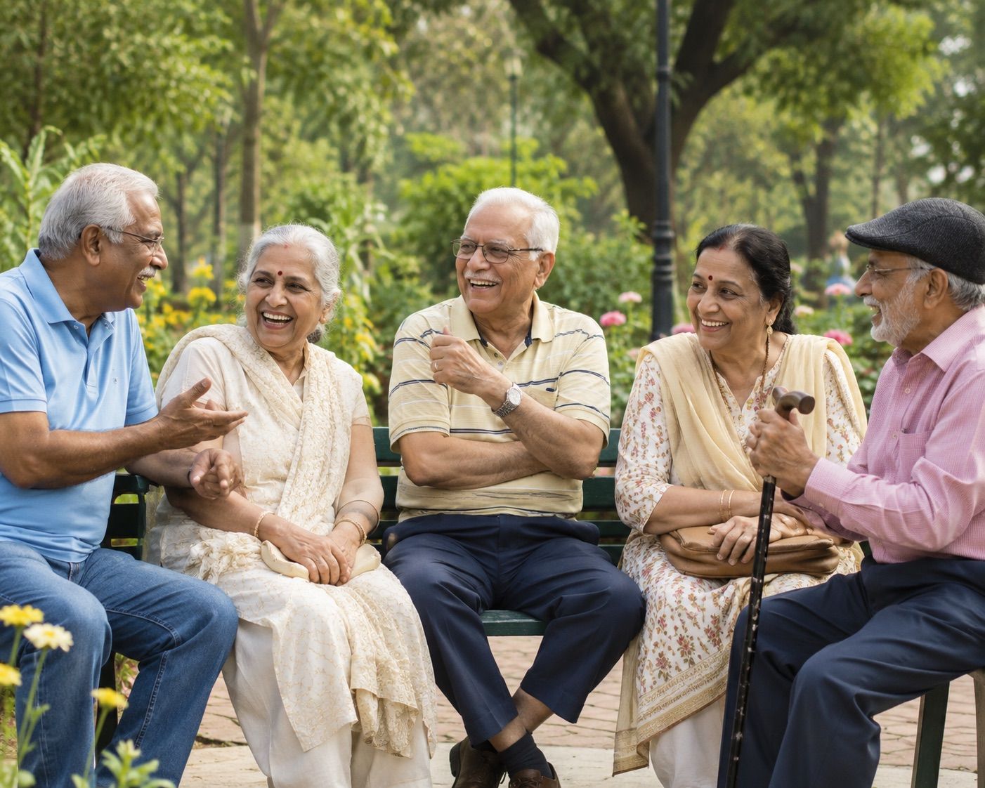 Elderly men and women laughing together on a park bench
